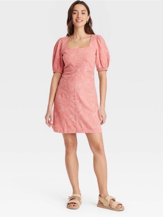 a new day Dresses & Skirts - A New Day Womens Pink Floral Linen Blend Short Puff Sleeve Mini Sundress S 8 NWT